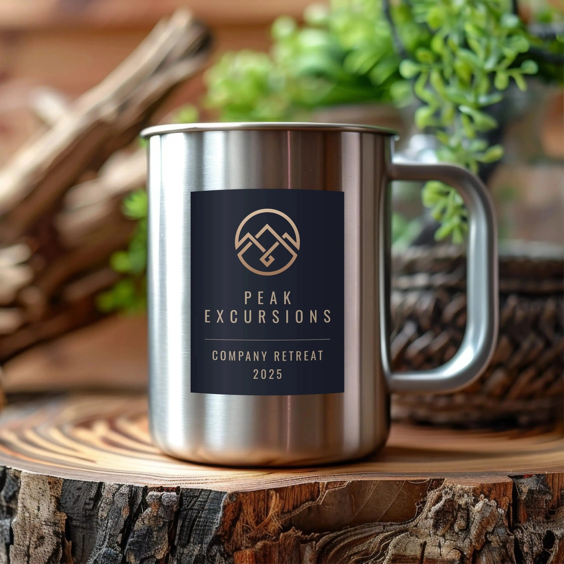 Personalized stainless steel mug featuring Peak Excursions logo for Company Retreat 2025 on wooden table.