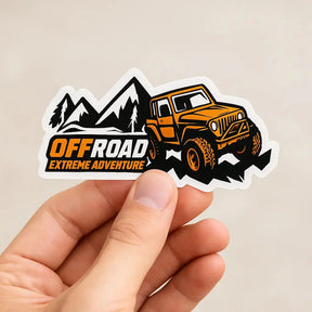 Custom off-road adventure sticker featuring a jeep and mountain design for outdoor enthusiasts.