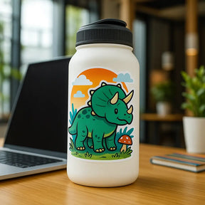 Cute triceratops sticker on a white water bottle in a modern workspace setting.