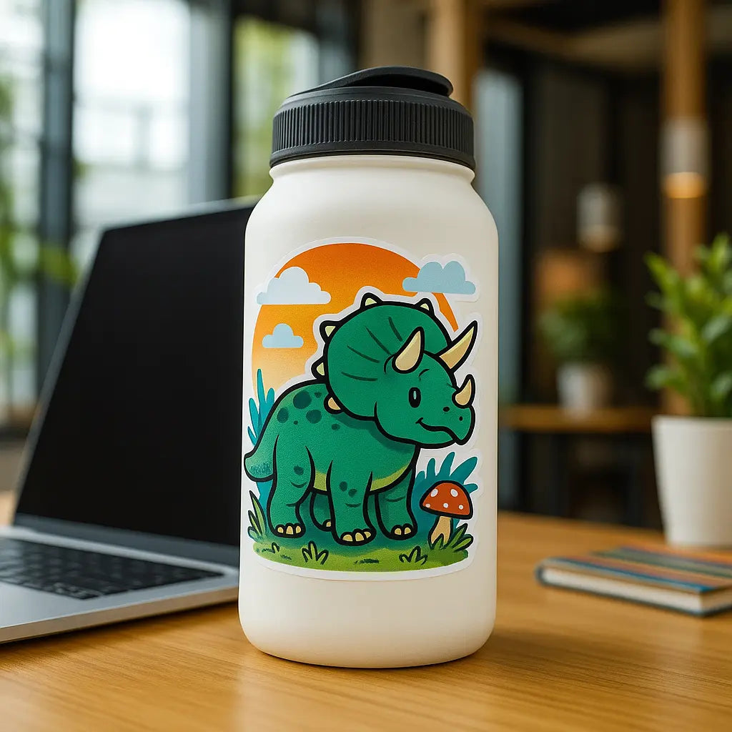 Cute triceratops sticker on a white water bottle in a modern workspace setting.