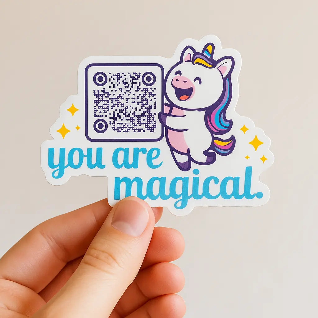 Custom unicorn sticker with QR code and text 'you are magical', ideal for branding and personal expression.