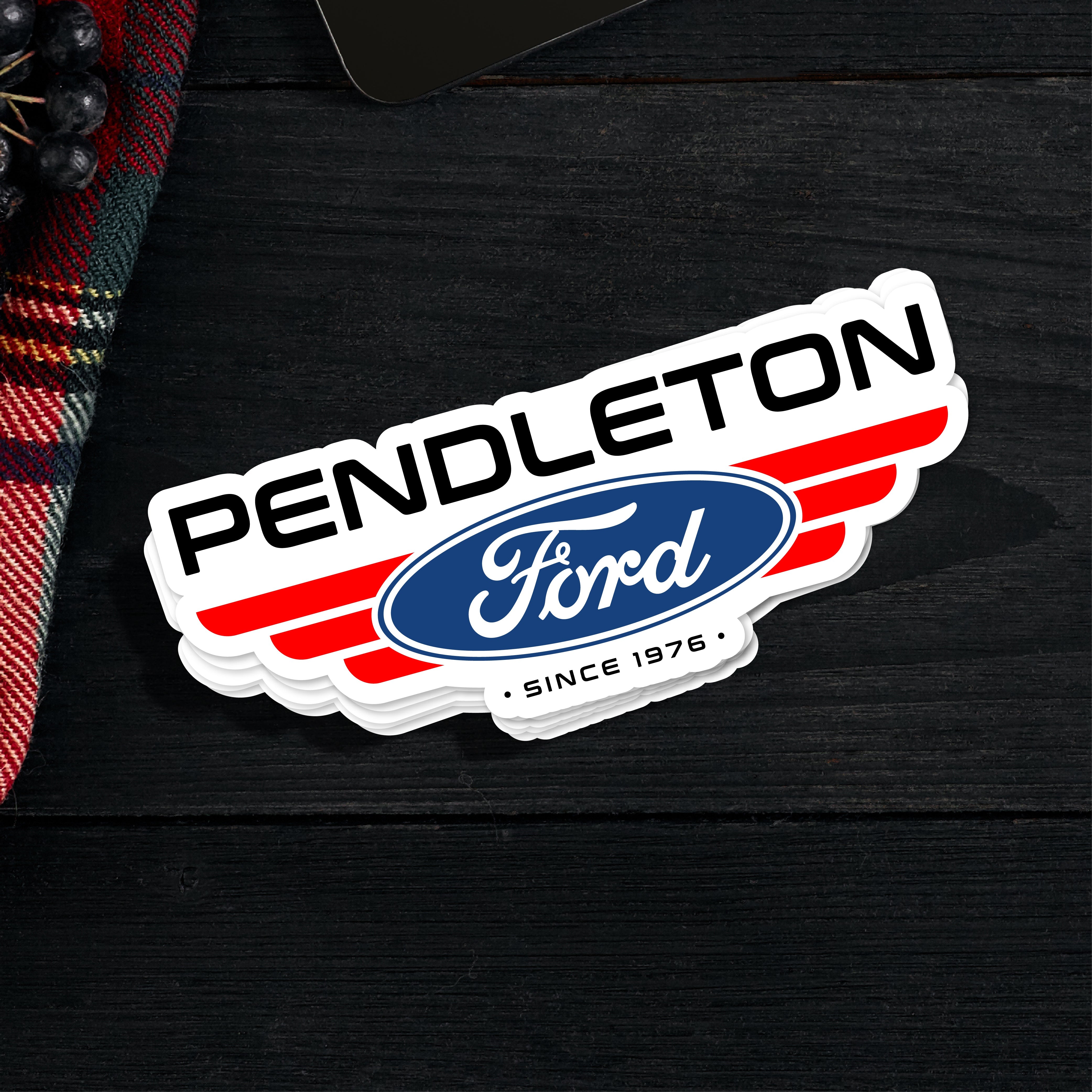 Pendleton Ford car dealership sticker with iconic logo design, vibrant colors on laminated vinyl for durability.